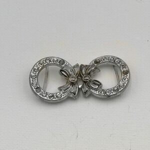 Antique Victorian Belt Buckle 2 Piece‎ Interlocking Silver Tone Bow Rhinestones